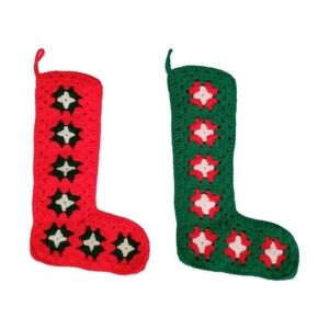 Two Vintage Granny Square Knitted Christmas Stockings